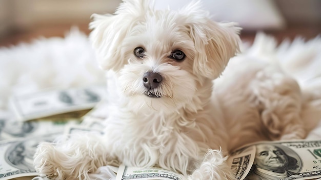 Un carino cane bianco sta sdraiato su un mucchio di soldi Il cane sta guardando la telecamera con un'espressione curiosa