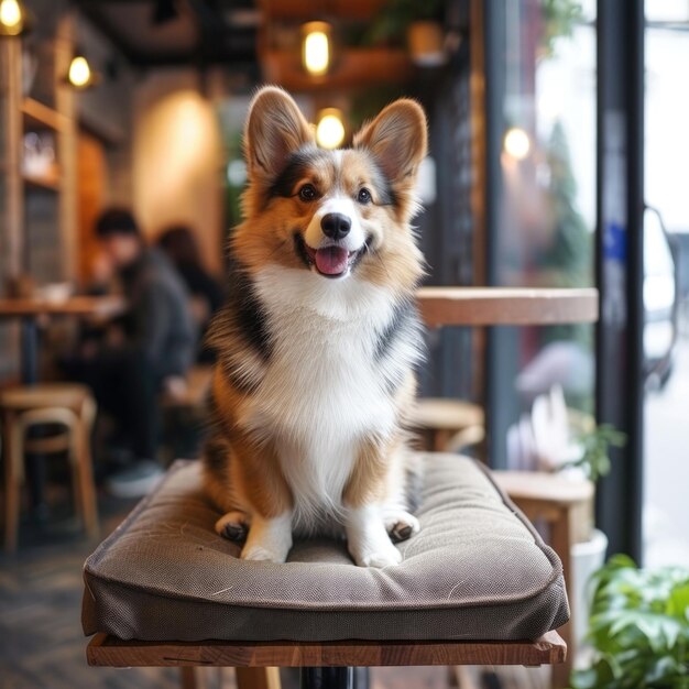 un carino cane Welsh Corgi tricolore è seduto su un cuscino in un caffè per animali domestici