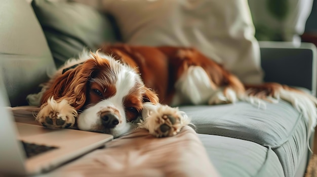 Un carino Cavalier King Charles Spaniel è sdraiato su un divano e guarda la telecamera con un'espressione triste negli occhi