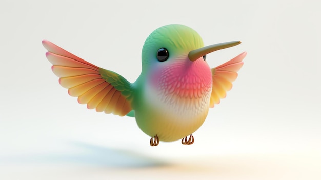 Un carino colibrì con piume multicolori e brillanti vola in aria l'uccello ha il suo lungo e sottile becco esteso mentre cerca il nettare