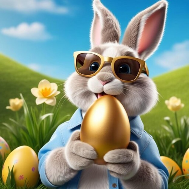 Un carino coniglietto di Pasqua con abiti e occhiali luminosi e eleganti tiene un uovo dipinto nella sua zampa in natura