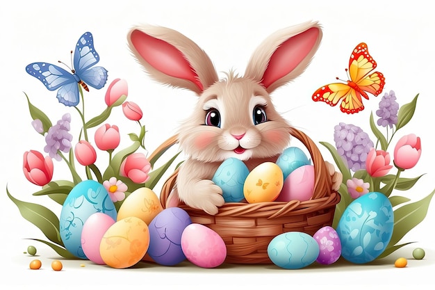 Un carino coniglietto di Pasqua con un cesto di uova e fiori di primavera è un'illustrazione di un personaggio infantile su uno sfondo bianco un tradizionale biglietto natalizio generato dall'AI
