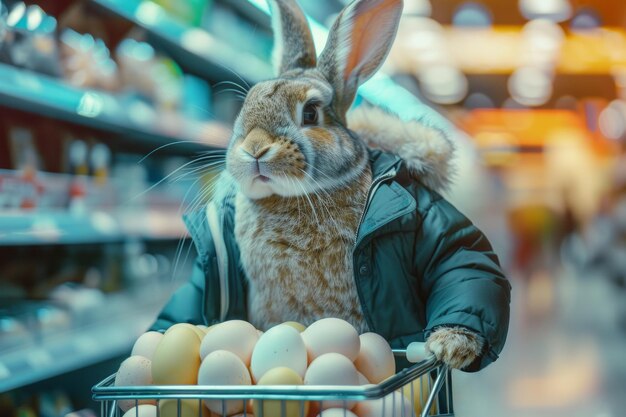 Un carino coniglio di Pasqua che spinge un carrello della spesa con un sacco di uova al supermercato
