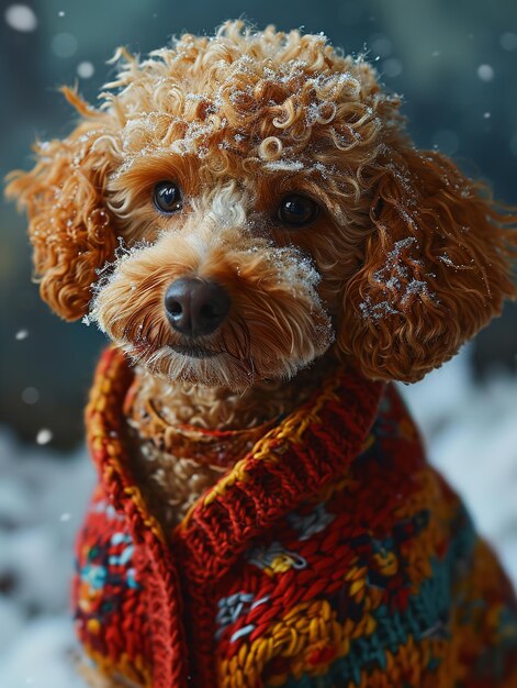 Un carino cucciolo di barboncino con un vestito o un maglione da inverno