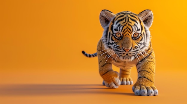 Un carino cucciolo di tigre sta camminando verso la telecamera su uno sfondo arancione brillante Il cucciolo è a fuoco e ha un'espressione curiosa sul suo viso