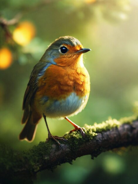 Un carino e colorato uccellino Robin appoggiato sull'albero magico generato dall'AI