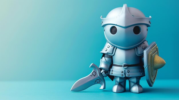 Un carino e semplice rendering 3D di un cavaliere chibi in armatura d'argento Il cavaliere è in piedi con una spada in una mano e uno scudo nell'altra