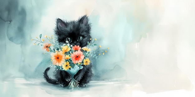 Un carino gattino nero tiene un bouquet di fiori su uno sfondo blu un posto per il testo un'illustrazione ad acquerello un concetto per la pubblicità di prodotti per animali domestici biglietti di auguri e decorazioni festive