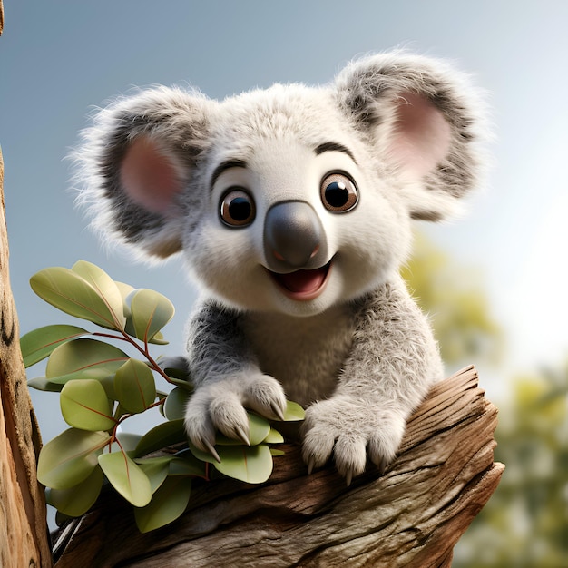 Un carino koala che tiene in mano un ramo di eucalipto e sorride
