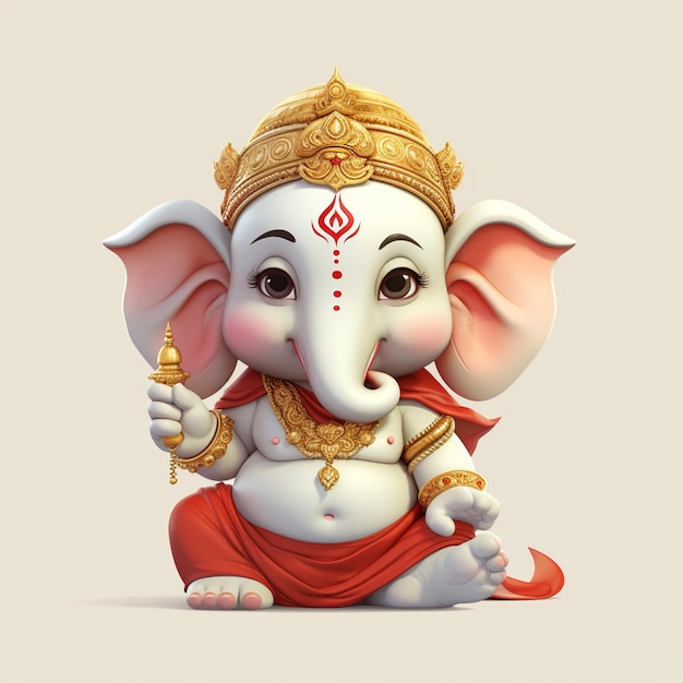 Un carino Lord Ganpati con fiori su uno sfondo bianco