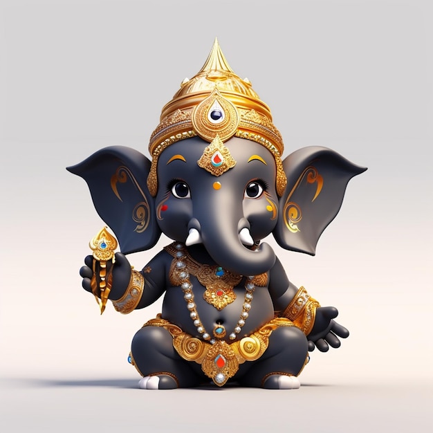 Un carino Lord Ganpati con fiori su uno sfondo bianco