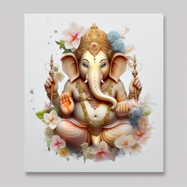 Un carino Lord Ganpati con fiori su uno sfondo bianco