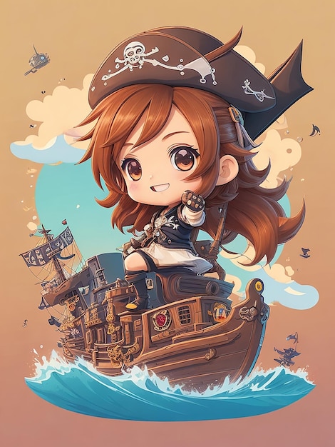 Un carino personaggio chibi donna pirata che pilota una nave pirata oceano sullo sfondo adesivi