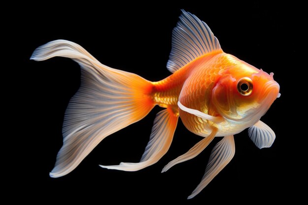 Un carino pesce rosso singolo isolato su uno sfondo nero