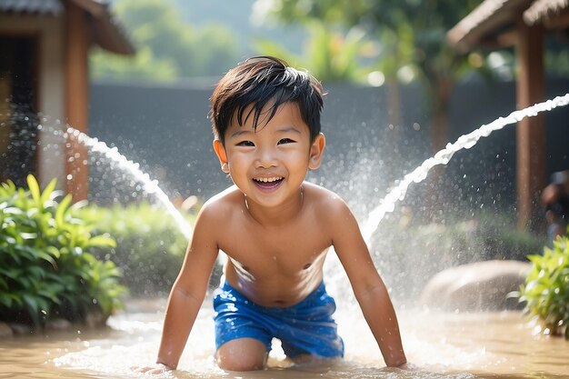 Un carino ragazzo asiatico si diverte a giocare nell'acqua di un tubo all'aperto.