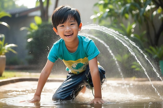 Un carino ragazzo asiatico si diverte a giocare nell'acqua di un tubo all'aperto.