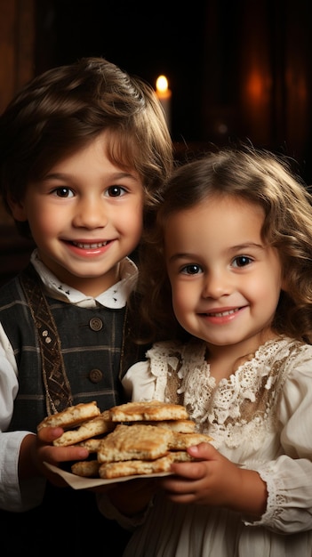 Un carino ragazzo ebreo caucasico e una ragazza che lo tengono tra le mani e prendono un boccone di pane.