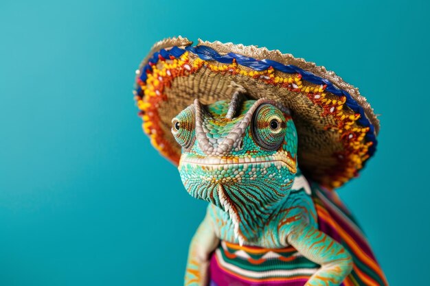 Un carino ritratto di camaleonte vestito con un sombrero messicano e vestiti Cinco de mayo celebrazione