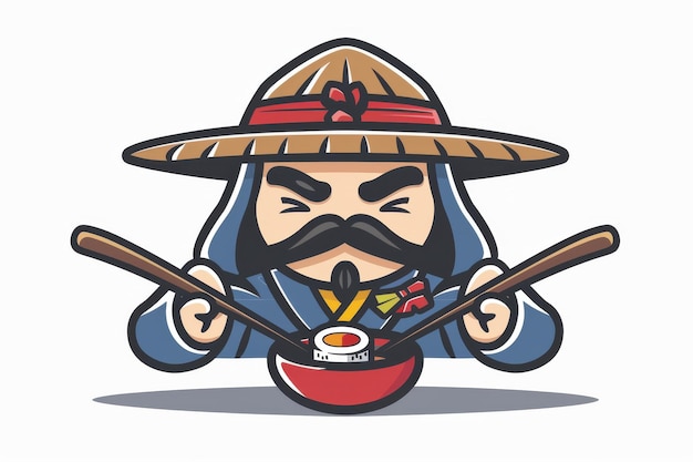 Un carino samurai asiatico con i baffi che mangia sushi