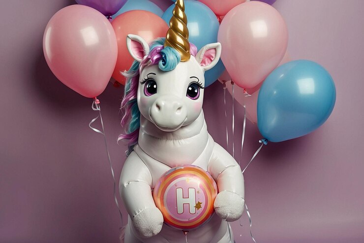 Foto un carino unicorno che tiene in mano un palloncino di compleanno.