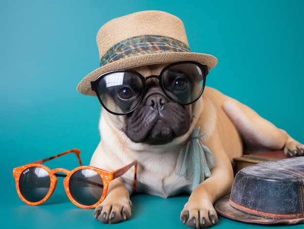 Un carlino con cappello e occhiali si siede accanto a un paio di occhiali da sole.