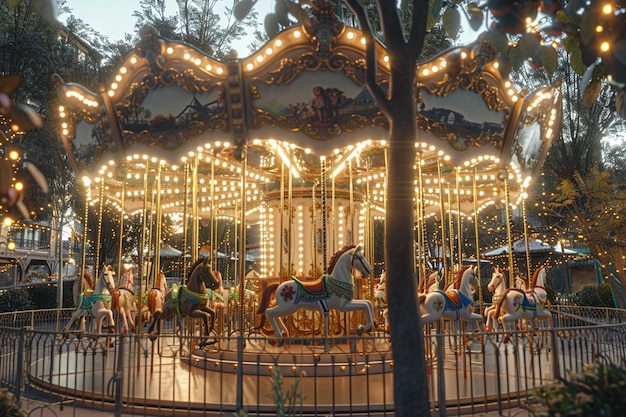 Un carousel vintage che gira gioiosamente in un parco cittadino