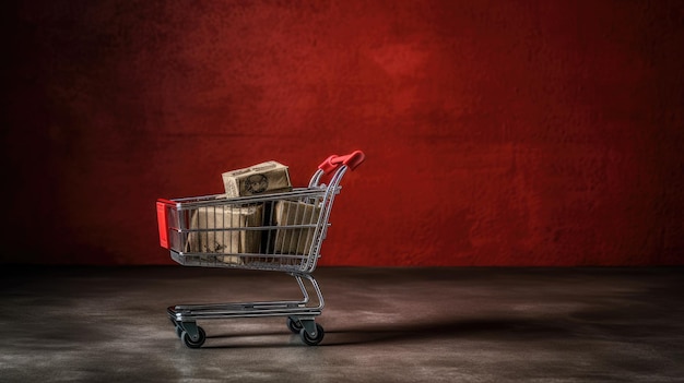 Un carrello della spesa con generi alimentari con sfondo rosso come concetto di marketing vendita sconto ecommerce venerdì nero offerta di mezzanotte vendita di generi alimentari e supermercato