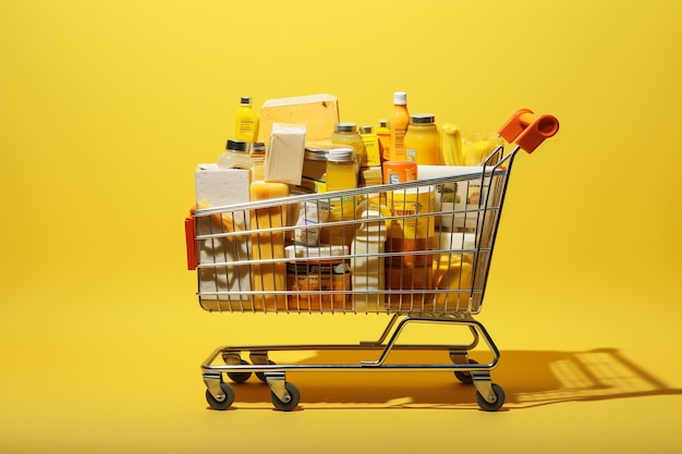 Un carrello della spesa con prodotti alimentari in un supermercato