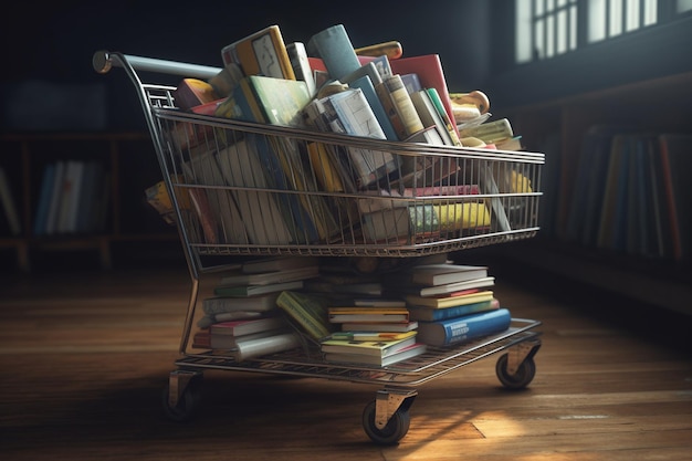 Un carrello della spesa pieno di libri su un pavimento di legno in una biblioteca