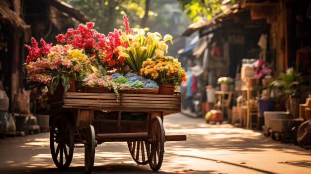 Un carrello di legno pieno di fiori colorati che fioriscono sotto la luce del sole