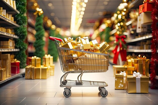 Un carrello di supermercato con scatole dorate e rosse di regali di Natale e Capodanno