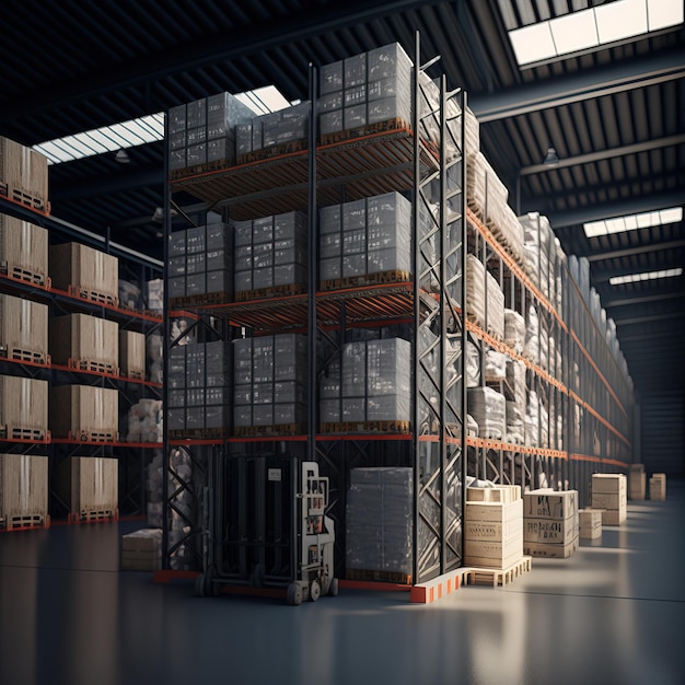 Un carrello elevatore carica pallet e scatole su scaffalature in un enorme hangar o magazzino IA generativo