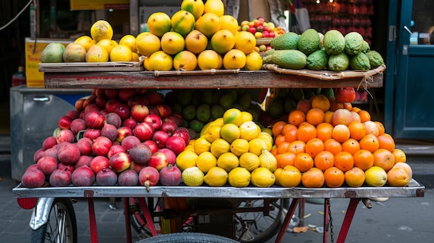 Un carrello pieno di vari tipi di frutta