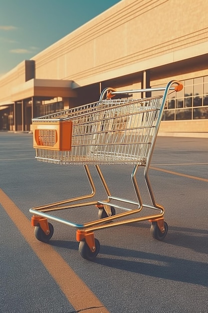 Un carrello si trova in un parcheggio con un edificio sullo sfondo.