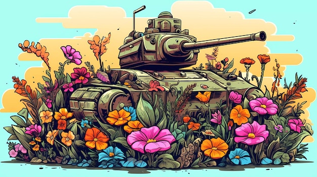 Un carro armato con dei fiori e la scritta "tank".