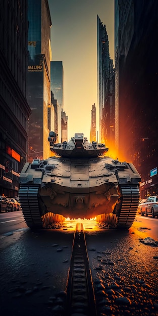 Un carro armato della guerra del futuro fa un inseguimento selvaggio Tramonto sulla 42a strada di New York City