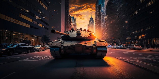 Un carro armato della guerra del futuro fa un inseguimento selvaggio Tramonto sulla 42a strada di New York City