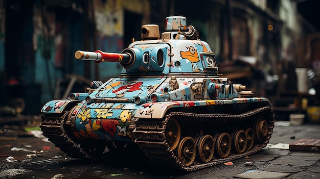Un carro armato dipinto con graffiti brillanti Generative AI