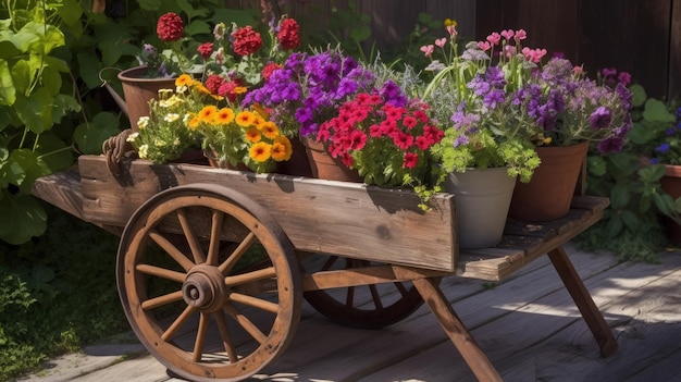 Un carro pieno di fiori siede su un ponte.