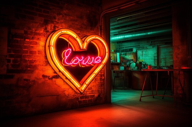 un cartello al neon a forma di cuore che illumina un'AI scarsamente illuminata generata