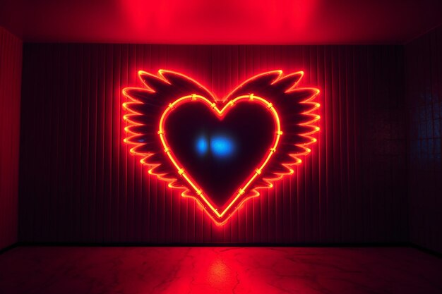 un cartello al neon a forma di cuore che illumina un'AI scarsamente illuminata generata