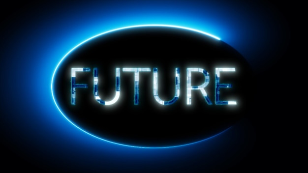 Un cartello al neon blu futuristico con la parola FUTURE che brilla su uno sfondo scuro