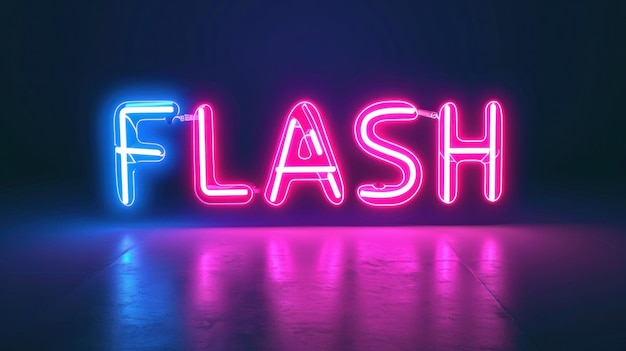 Un cartello al neon che dice flash in blu e rosa ai