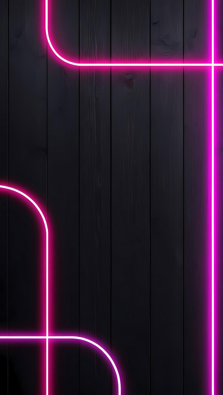 un cartello al neon viola è illuminato su una parete di legno