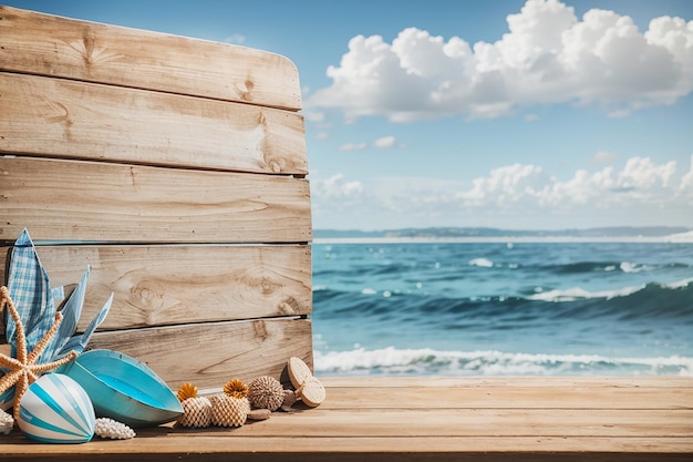 Un cartello di legno con uno sfondo costiero ottimo per pubblicizzare articoli a tema spiaggia