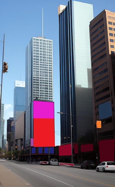 Un cartello rosa e viola davanti a un edificio