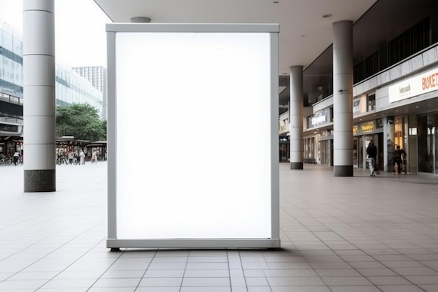 Un cartellone bianco in un centro commerciale con una luce bianca su di esso.