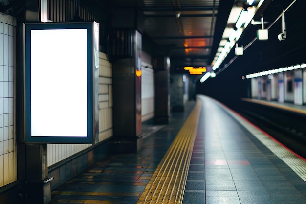 Un cartellone bianco in una stazione della metropolitana con le luci illuminate