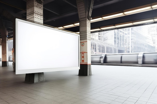 Un cartellone bianco in una stazione ferroviaria con un treno che passa.