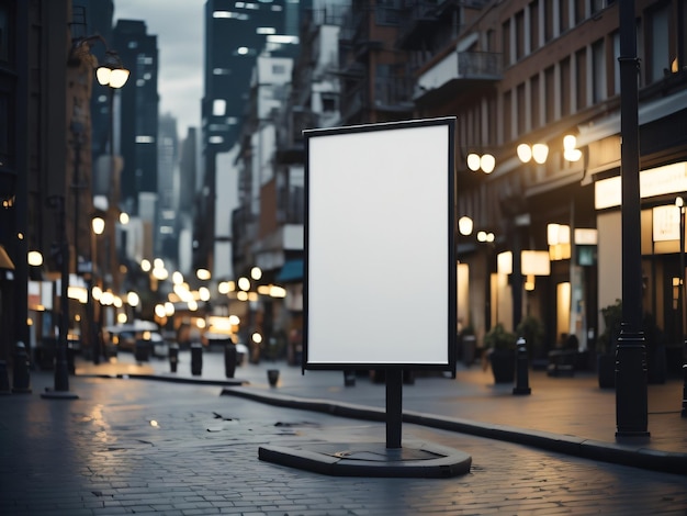 Un cartellone bianco in una strada cittadina